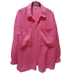 Magaschoni Womens XS Pink Shirt 100% Linen Roll Tab Sleeve Resort Vacation‎ Luxe